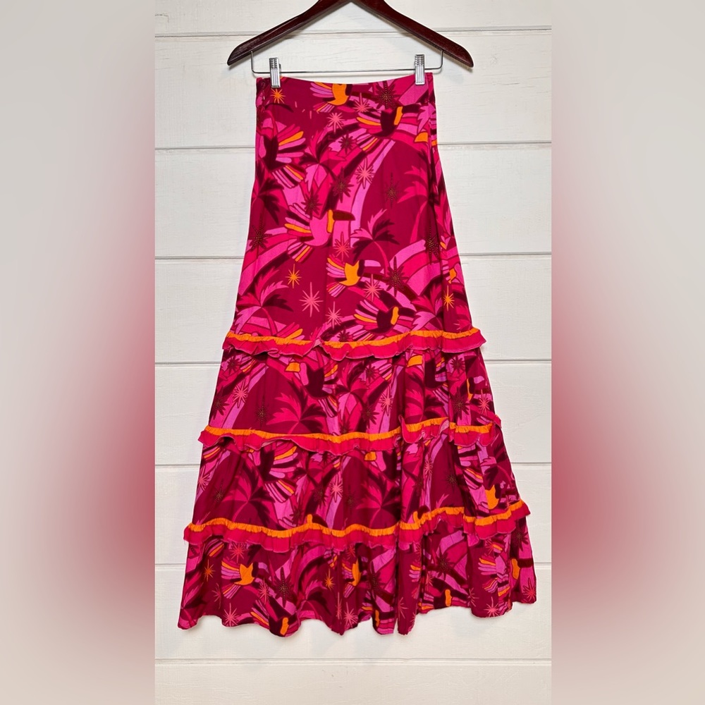 Farm Rio NWT Shirred Tiered Maxi Skirt Pink Combo Sz XS Anthropologie Garden - Picture 6 of 14